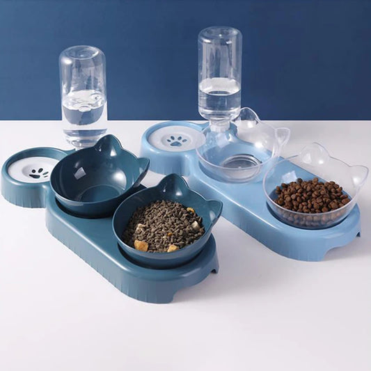 Distributeur 3 en 1 pour chat avec double gamelle inclinée et réservoir d’eau automatique, en plastique bleu, rose ou gris