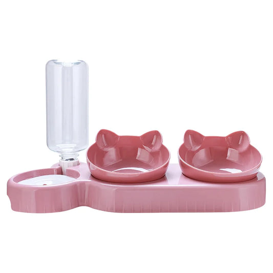Distributeur 3 en 1 pour chat et chien avec double gamelle inclinée  et réservoir d’eau automatique en rose
