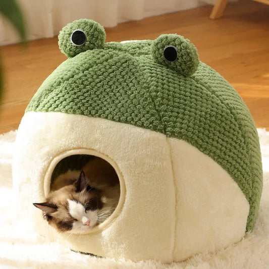 Panier pour chat en forme de grenouille verte, en peluche douce