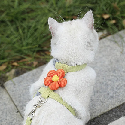 Harnais réglable respirant pour chat ou petit chien avec laisse – design fleur mignon, anti-étranglement – taille S ou M en vert
